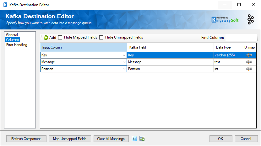 Kafka Destination - Columns Page